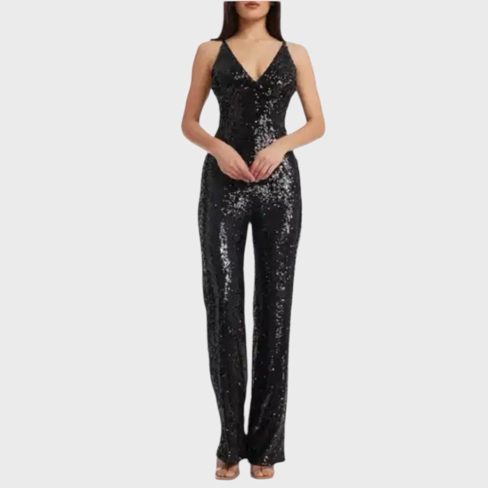 Dress the Population Sequined Jumpsuit, Fernanda, EUC, black, size S